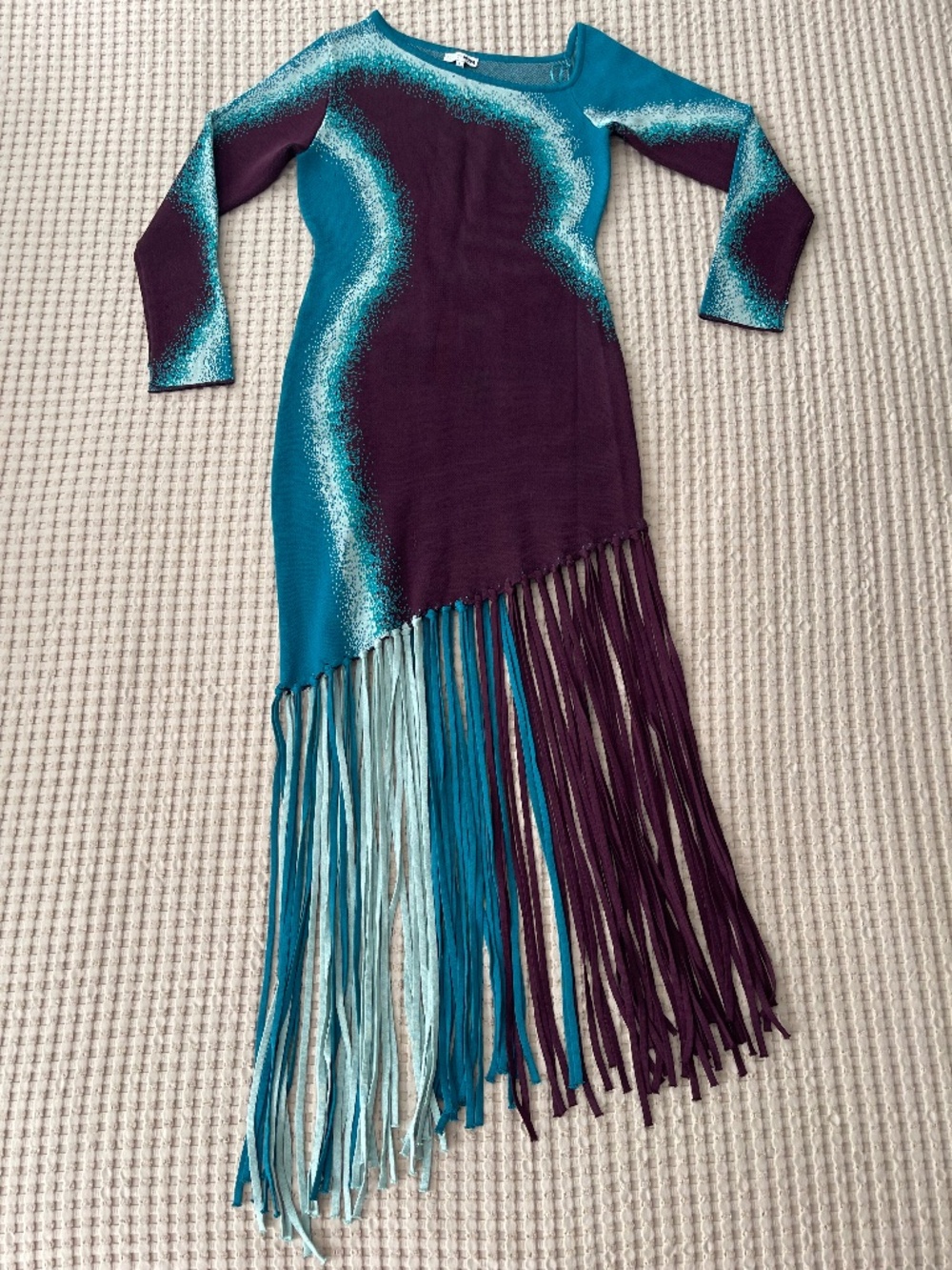 Fashion Nova One Shoulder Fringe Dress L Purple Teal Sweater Knit